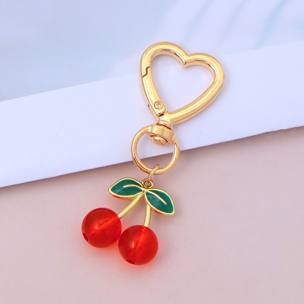 Gold Heart Keychain with Red Cherry Charm